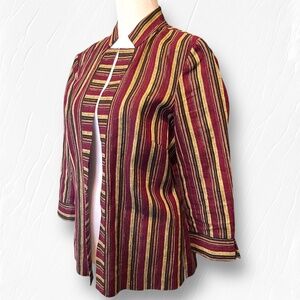 Peck & Peck Unlined Linen Open Front Jacket 3/4 Sleeve Gold Thread Accent Sz 6P